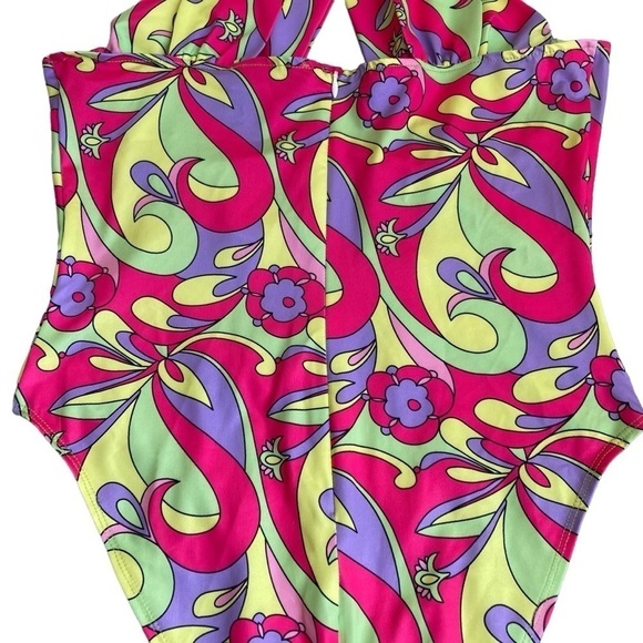 NWT AKIRA Happy Daze Cross Over Cutout Halter Bodysuit Retro 70s Hippie Print L - Picture 14 of 15